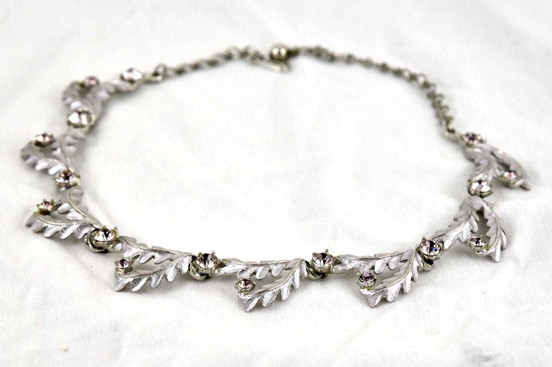 Mid Century Modern Hollywood Glamour Pale Pink Crystal Leaf Choker Necklace