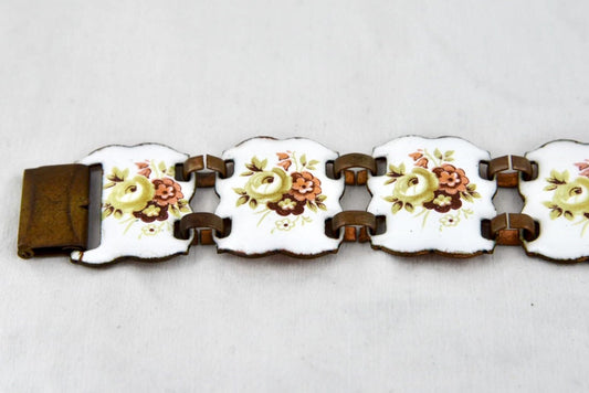 Vintage Copper Panel Bracelet with Flower Enamel Design