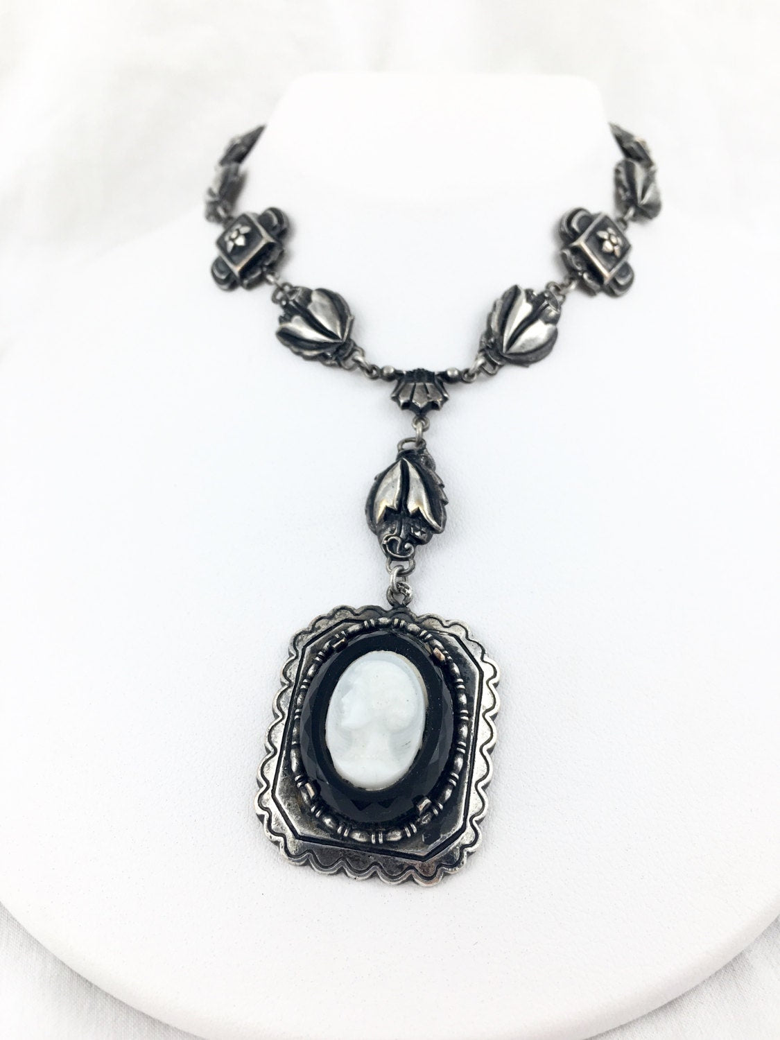 Victorian Silver Rose Mourning Cameo On Faceted Polished Black French Jet & Milk Glass Cameo Embossed Rolo Chain Necklace