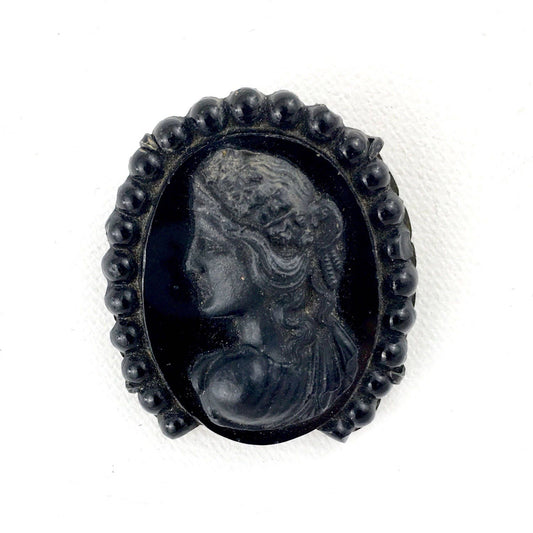 Victorian Mourning Cameo Ribbon Holder Black Molded Glass Brooch