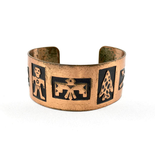 SALE Copper 1970's signed Bell cuff bracelet with thunderbird, dog, arrows & arrowhead