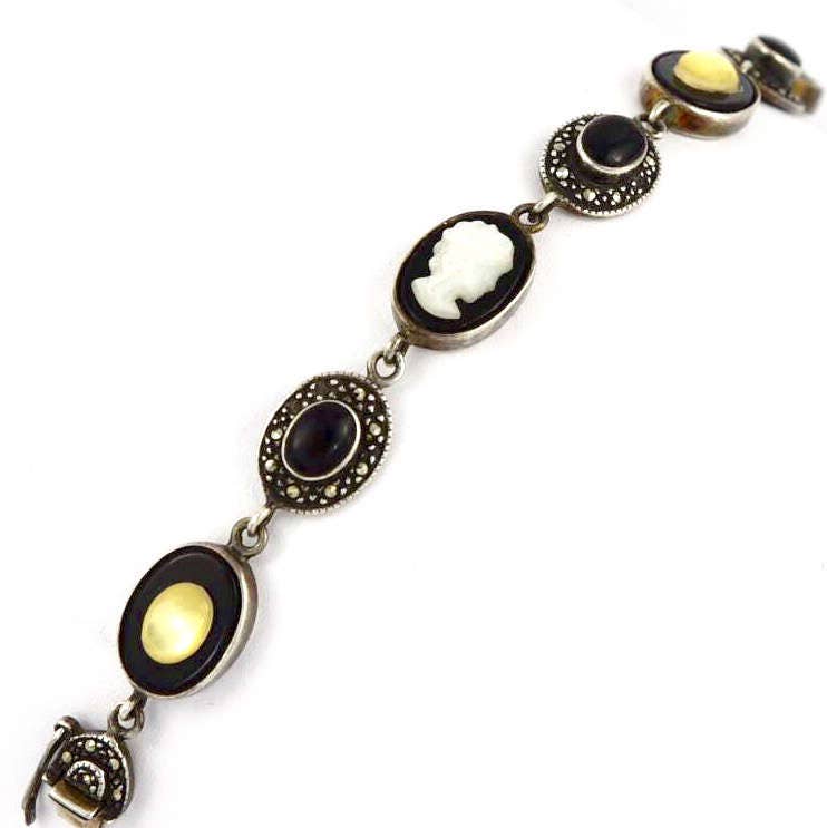 Vintage Cameo, Onyx, Mother of Pearl, Marcasite & Yellow Cat Eye Sterling Silver Tennis Bracelet
