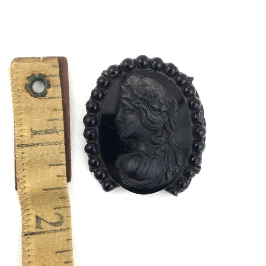 Victorian Mourning Cameo Ribbon Holder Black Molded Glass Brooch