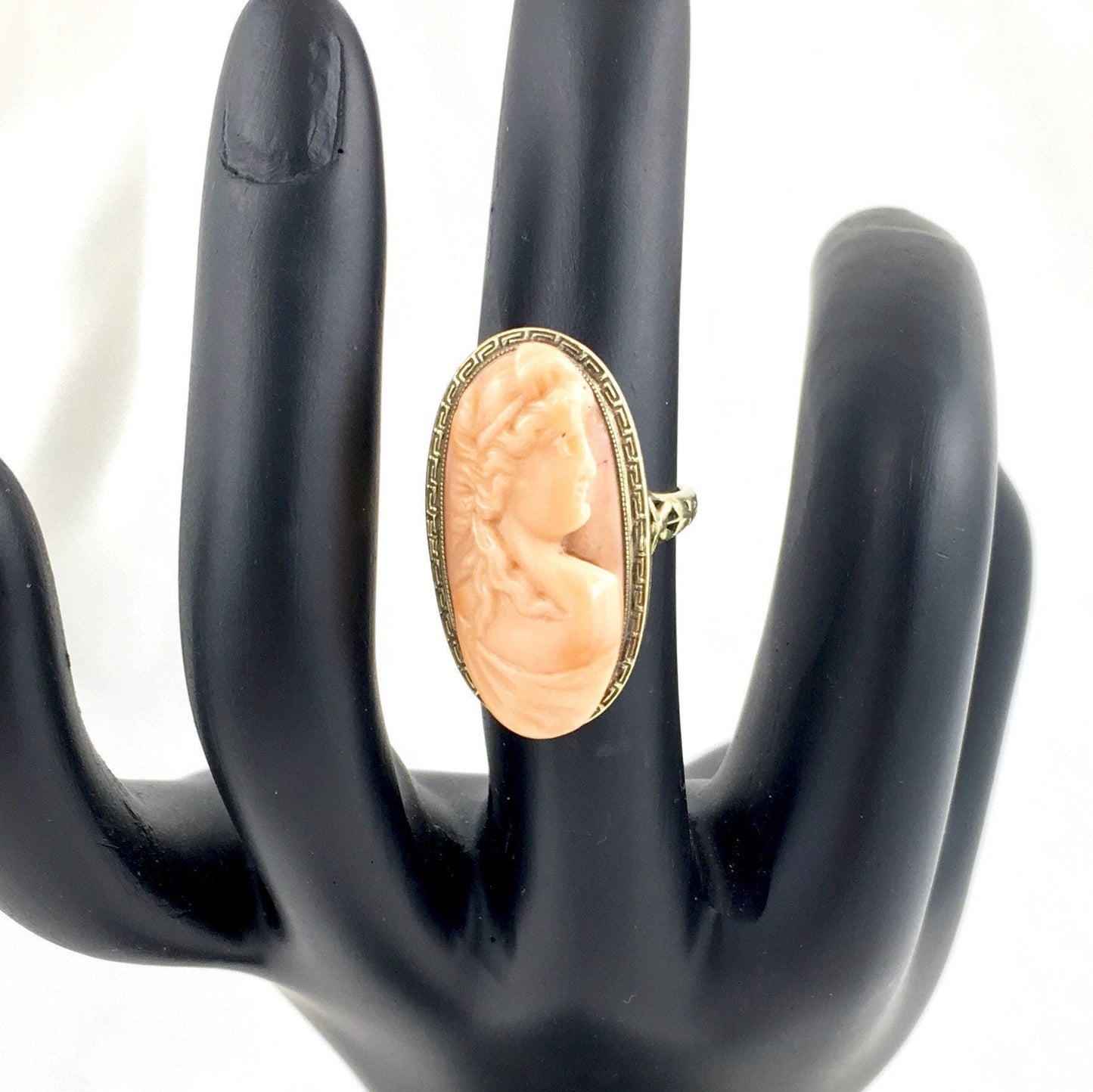 Victorian 14K coral Cameo Ring with Greek Key Design