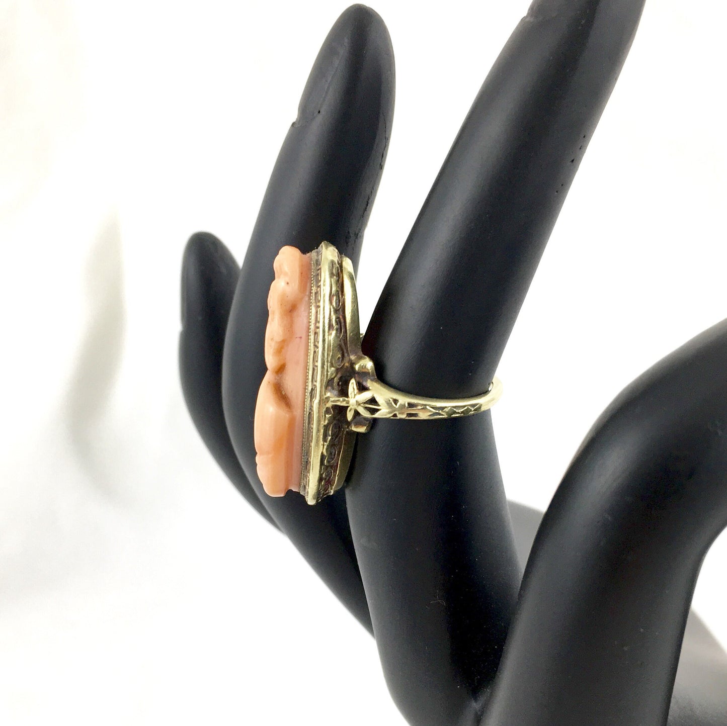 Victorian 14K coral Cameo Ring with Greek Key Design