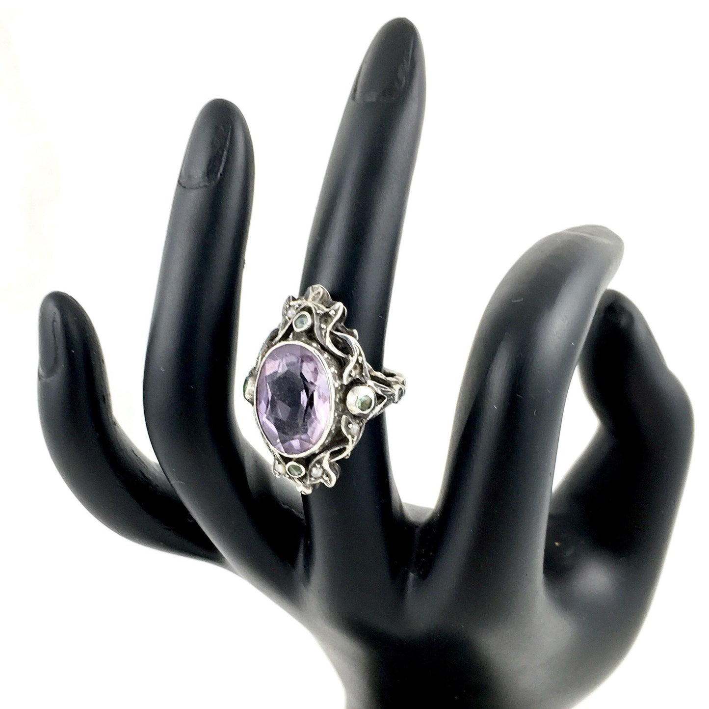 Art Nouveau Suffragette Sterling Silver, Amethyst, Peridot & Seed Pearl Statement Ring c.1915 Purple, Green and White