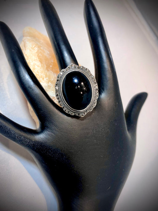 Art Deco Sterling Silver Onyx & Marcasite Ring