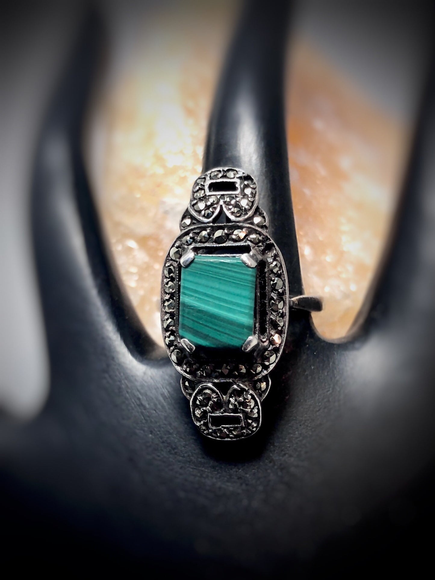 Art Deco Sterling Silver Malachite & Marcasite Ring