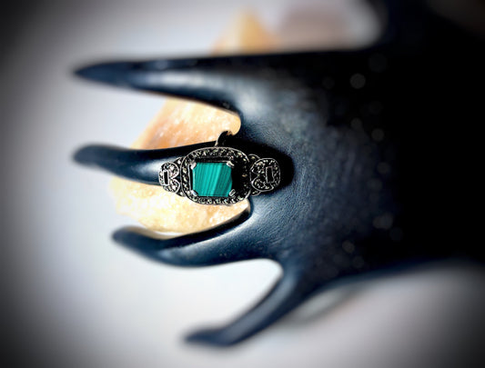 Art Deco Sterling Silver Malachite & Marcasite Ring