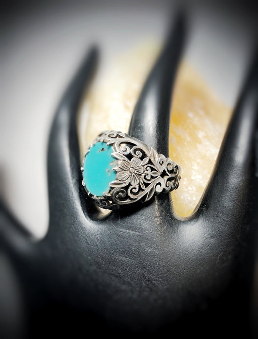 Sterling Silver Art Nouveau Turquoise Openwork Flourish and Floral Statement Ring