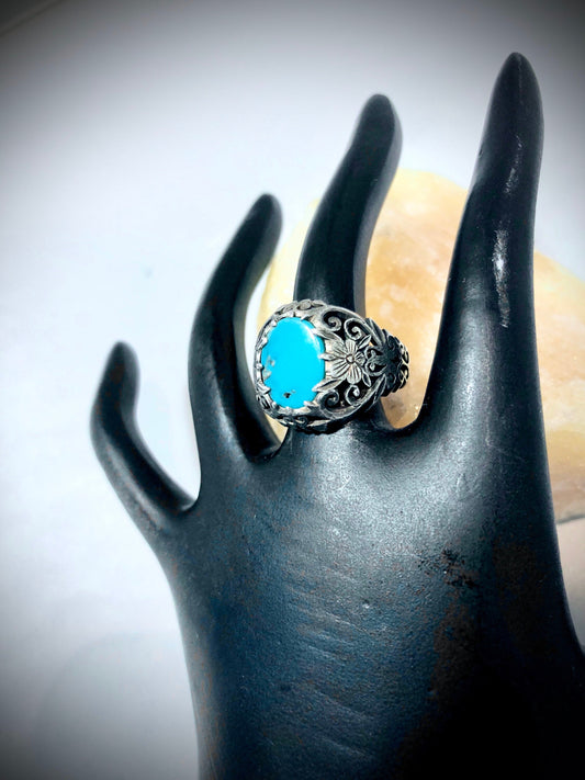 Sterling Silver Art Nouveau Turquoise Openwork Flourish and Floral Statement Ring