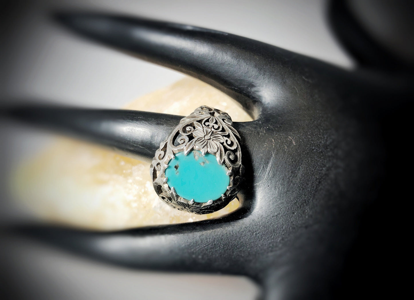 Sterling Silver Art Nouveau Turquoise Openwork Flourish and Floral Statement Ring