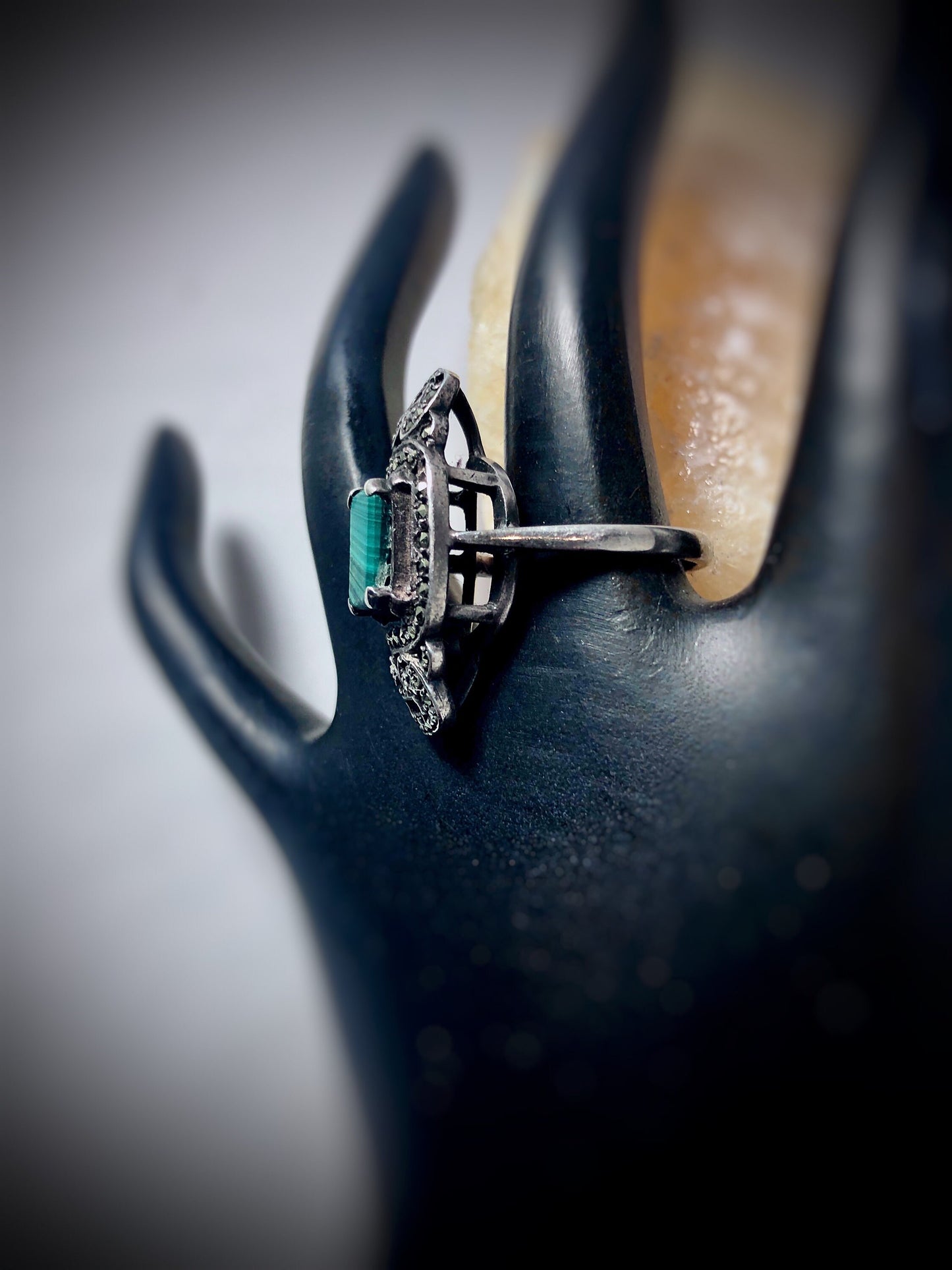 Art Deco Sterling Silver Malachite & Marcasite Ring