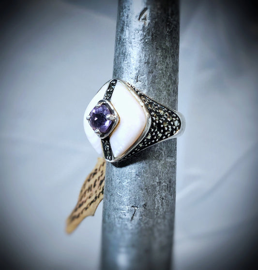 Art Deco Sterling Silver Marcasite Amethyst & Mother of Pearl Statement Cocktail ring