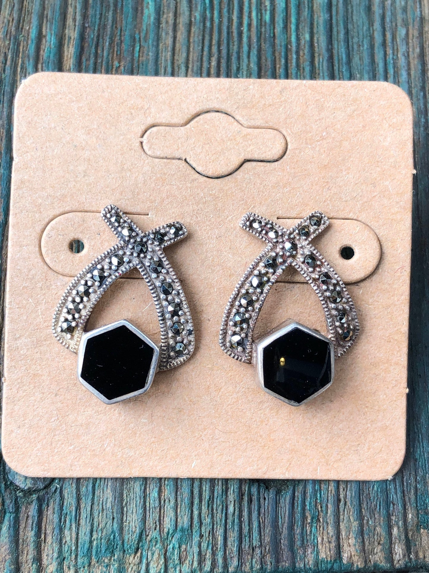 Sterling silver , marcasite and onyx art deco pierced pot earrings