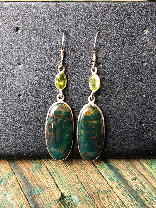 Modern Bloodstone Cabochon and faceted peridot set in sterling silver with dangle hook earrings