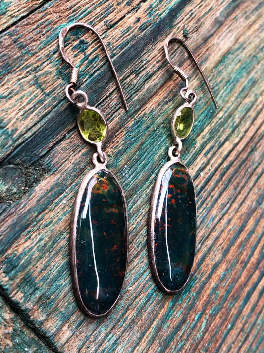 Modern Bloodstone Cabochon and faceted peridot set in sterling silver with dangle hook earrings