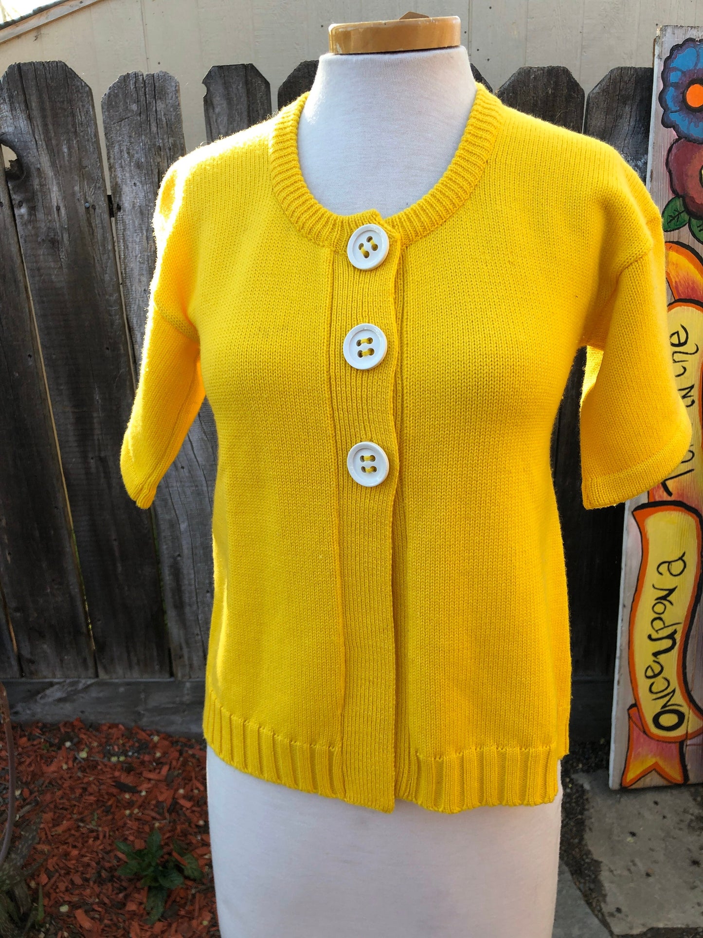 Vintage sterling silver 1960 Yellow Knit Half Sleeve Cardigan with big white buttons