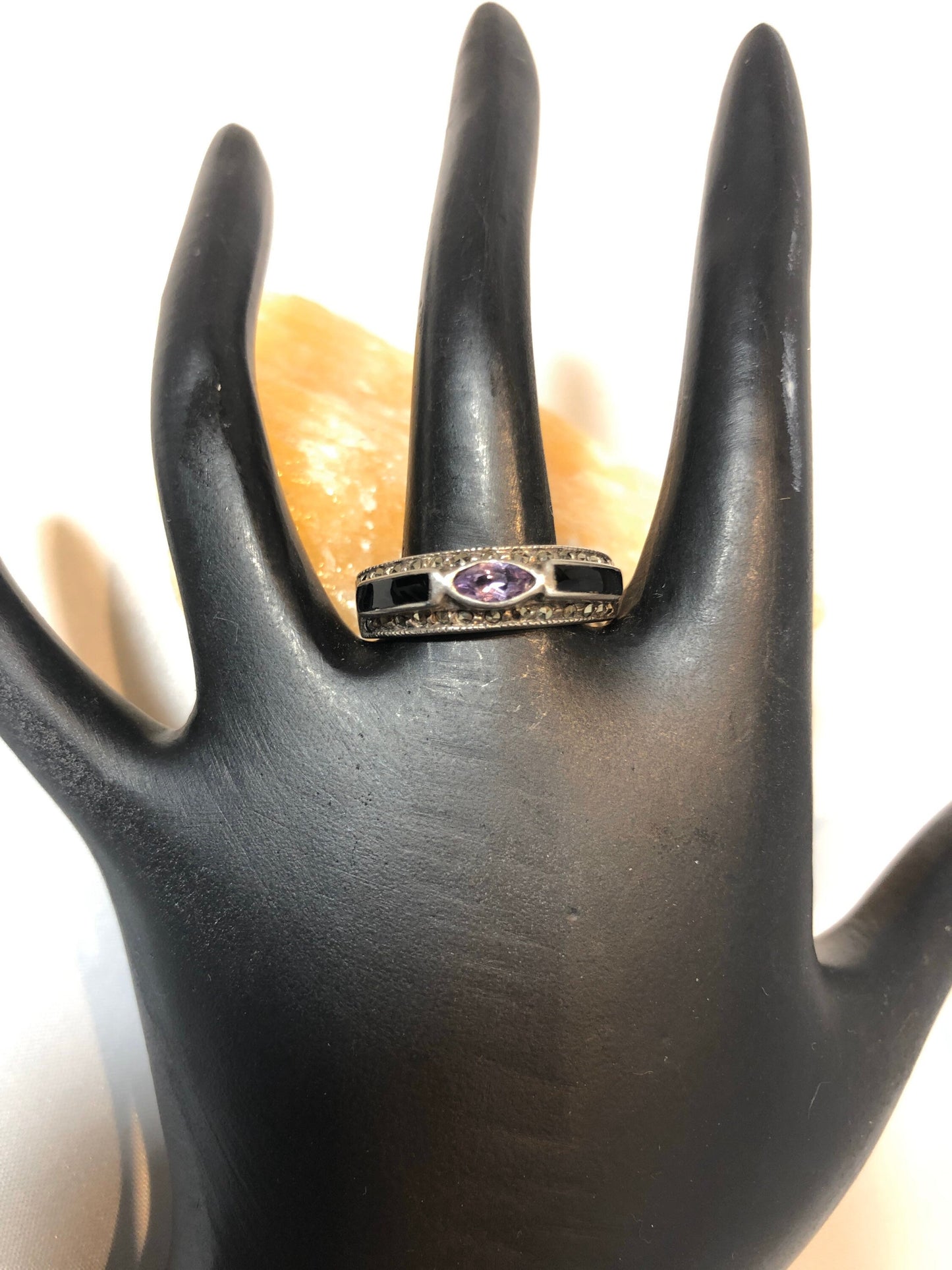 Sterling silver amethyst onyx and marcasite art deco band ring