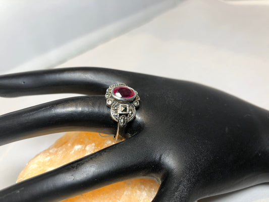 Sterling Silver Garnet and marcasite art deco ring