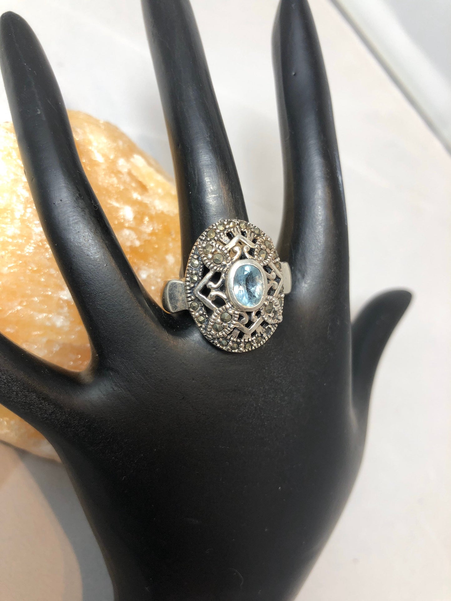 Sterling silver aquamarine and marcasite art deco ring