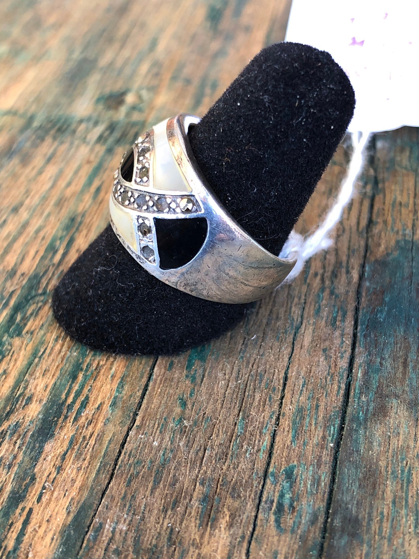 Art Deco sterling onyx mother of pearl and marcasite ring