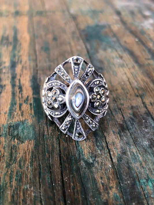 Art deco sterling marcasite and abalone ring
