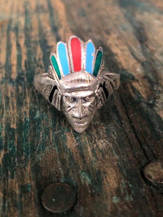 Sterling Silver Native American Indian Chief with Headdress head face ring