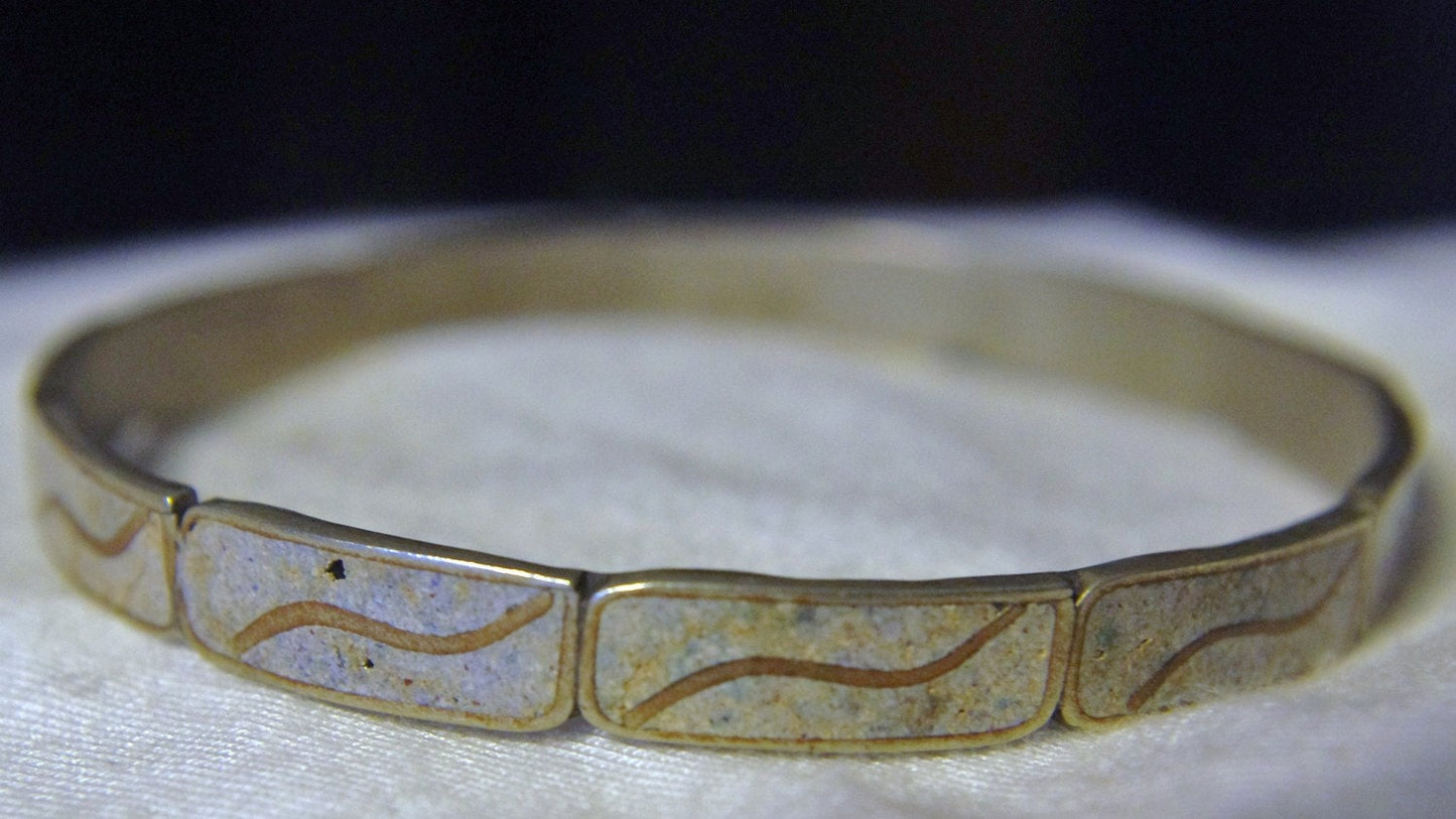 Fine 980 Sterling Silver & Inlaid Light Turquoise GemStone Taxco Mexico Bangle Pre Eagle 1920's