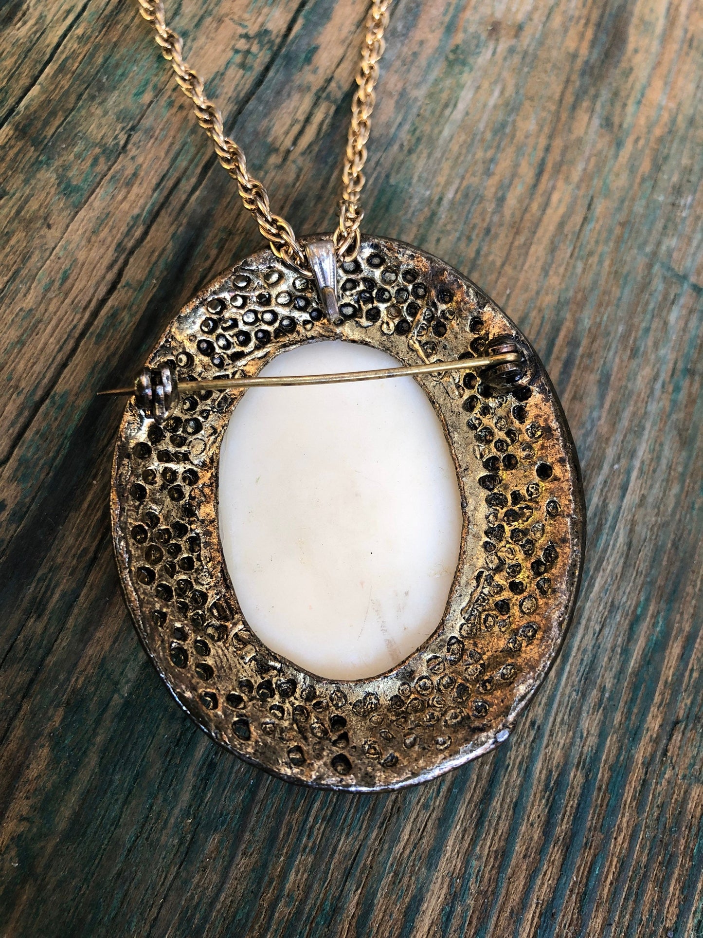 Victorian Milk Glass Cameo set on Brass convertible brooch to pendant necklace.