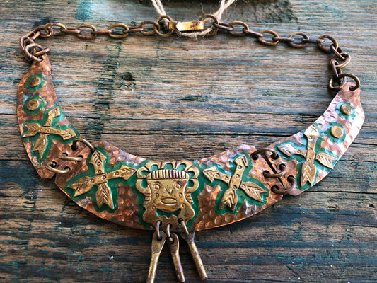 Mexican tribal hand hammered copper and brace tribal mask and arrow choker necklace