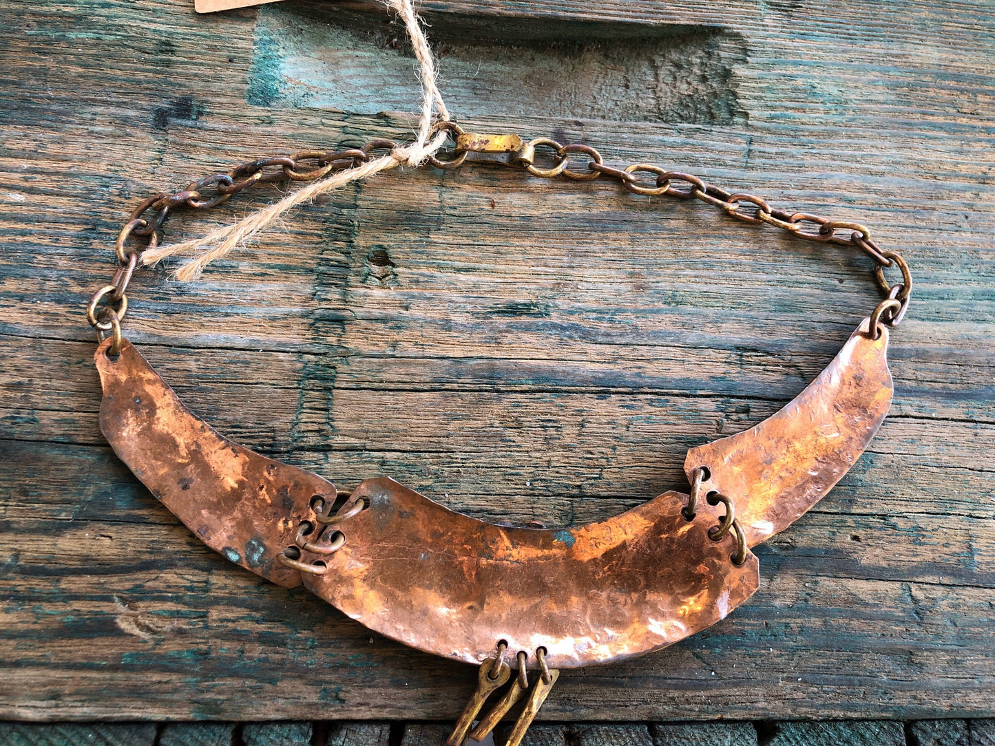 Mexican tribal hand hammered copper and brace tribal mask and arrow choker necklace