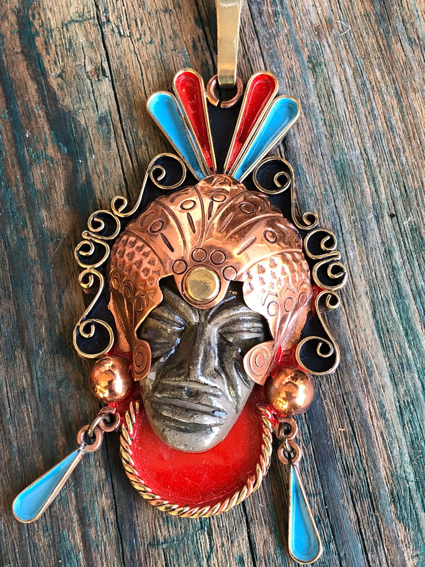 Vintage Copper and Brass Tribal Face Mask Necklace with Red & Blue enameling