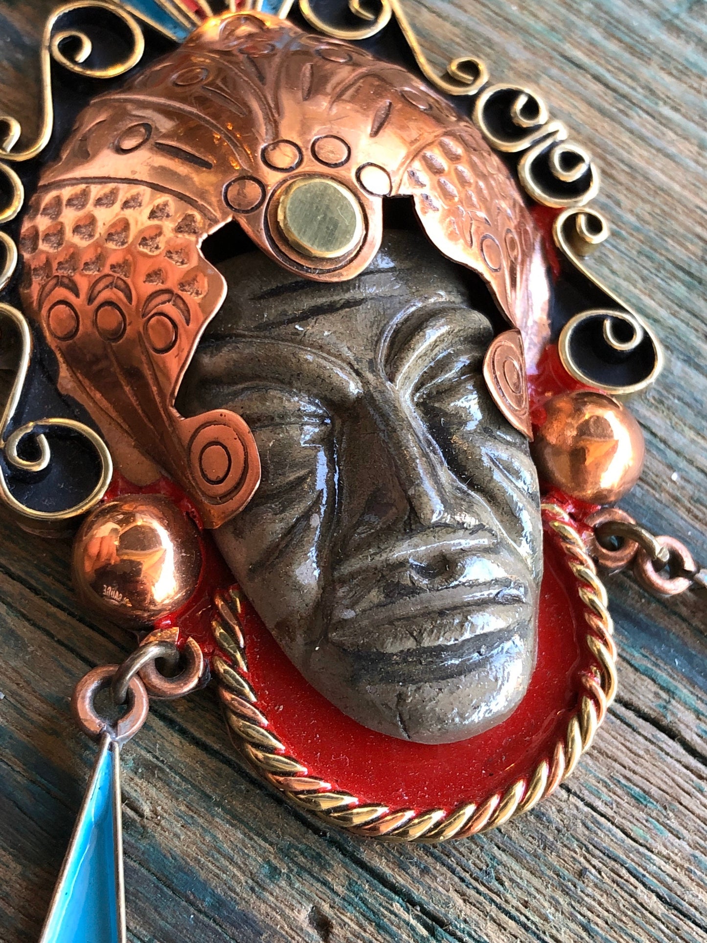 Vintage Copper and Brass Tribal Face Mask Necklace with Red & Blue enameling