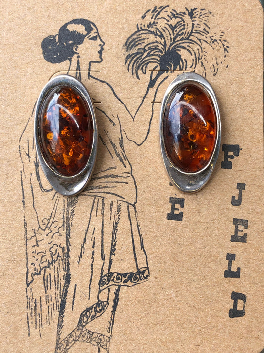 Sterling silver and baltic amber mid century pierces post earrings