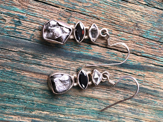Sterling Silver Hercamer Diamond, Smokey Quartz & Meteorite Dangle Drop Hook Earrings
