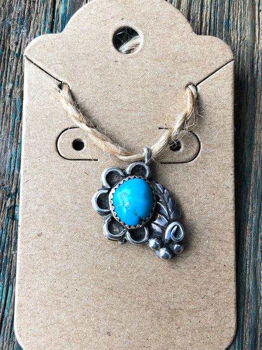 Native American Sterling Silver and Turquoise gemstone flower necklace pendant