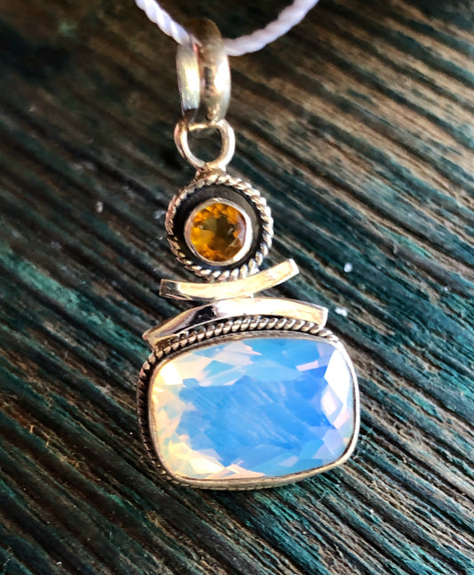 Sterling silver Opalite Opal & Citrine necklace Pendant