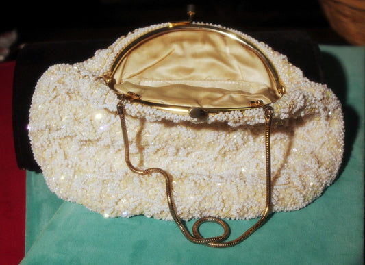 Vintage La Regale Beaded & Sequined Evening Bag Purse: Mother of Pearl and Rose