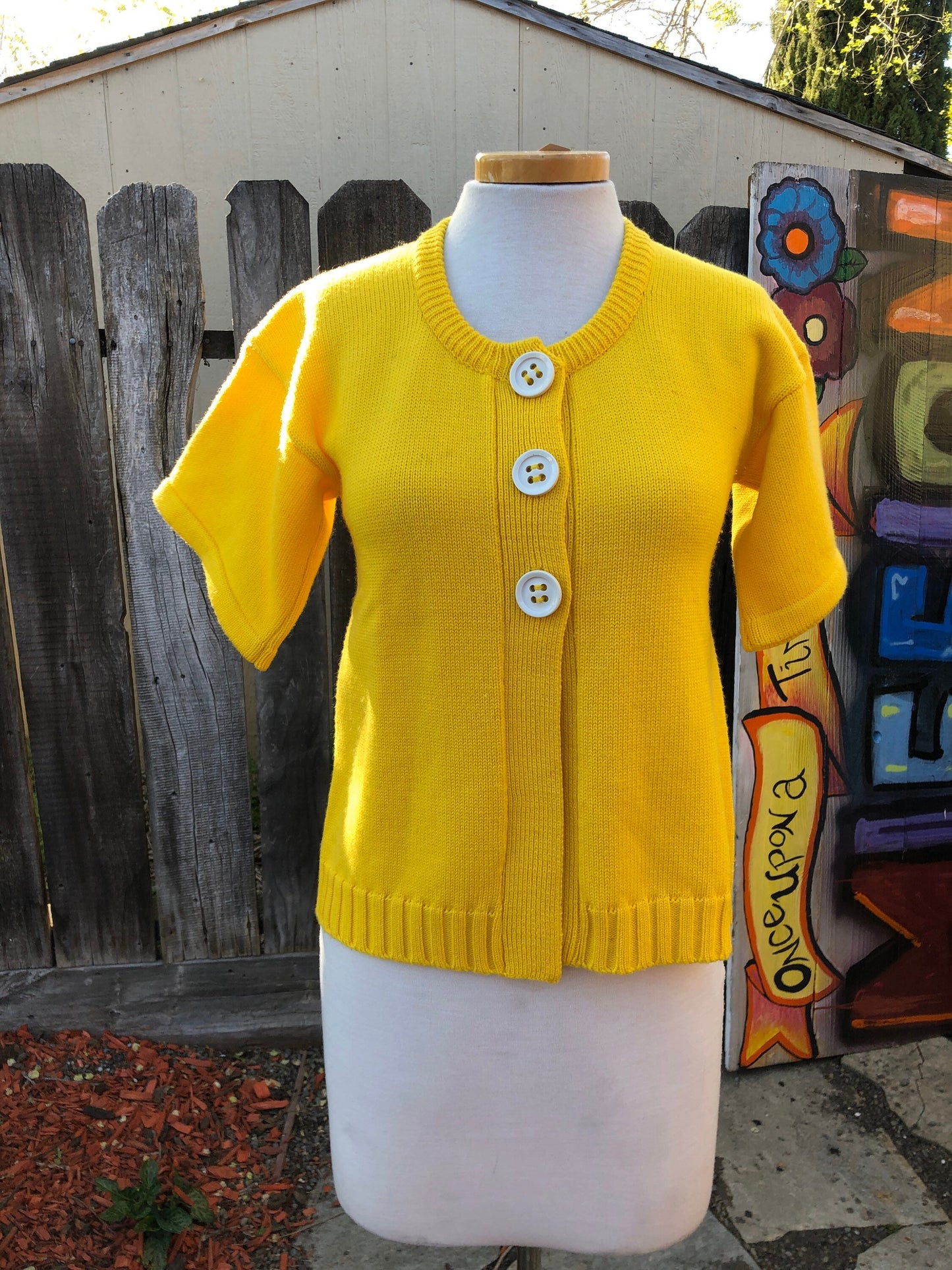 Vintage sterling silver 1960 Yellow Knit Half Sleeve Cardigan with big white buttons