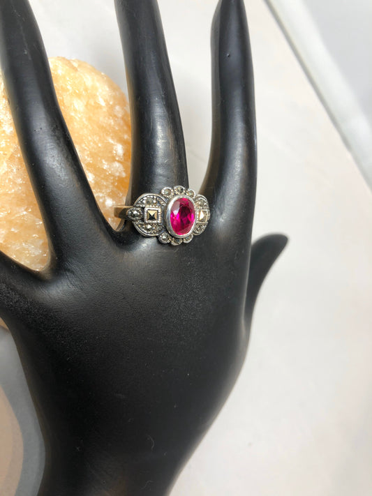 Sterling Silver Garnet and marcasite art deco ring