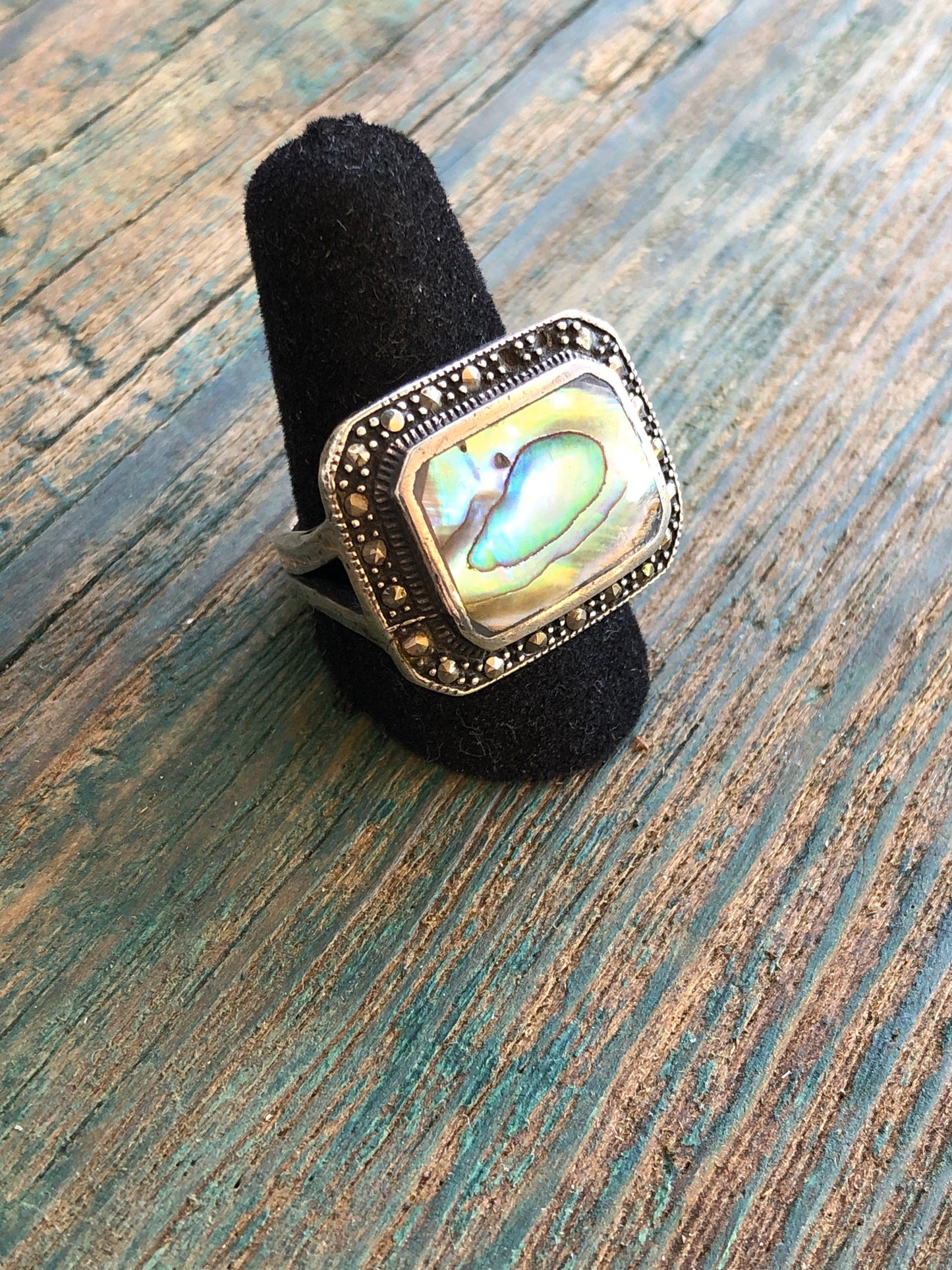 Sterling silver and abalone rectangle ring with marcasites sz 7.75