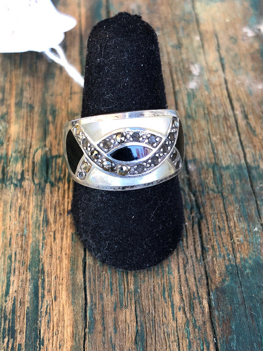 Art Deco sterling onyx mother of pearl and marcasite ring