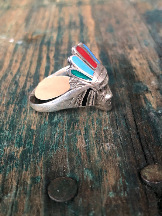 Sterling Silver Native American Indian Chief with Headdress head face ring