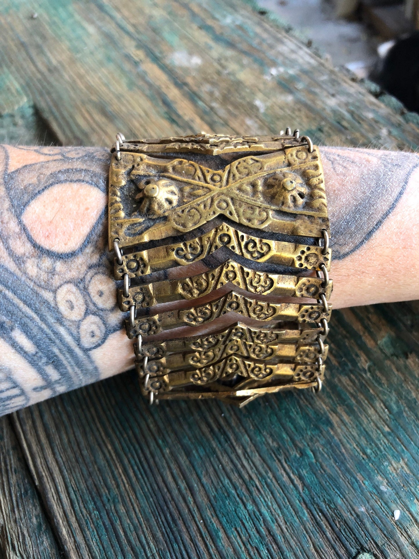 SALE Antique Barbaric Brass Pin Hinged Link Bracelet