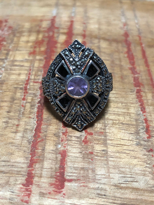 Art Deco Sterling & Marcasite Ring with Onyx an Amethyst Gemstones