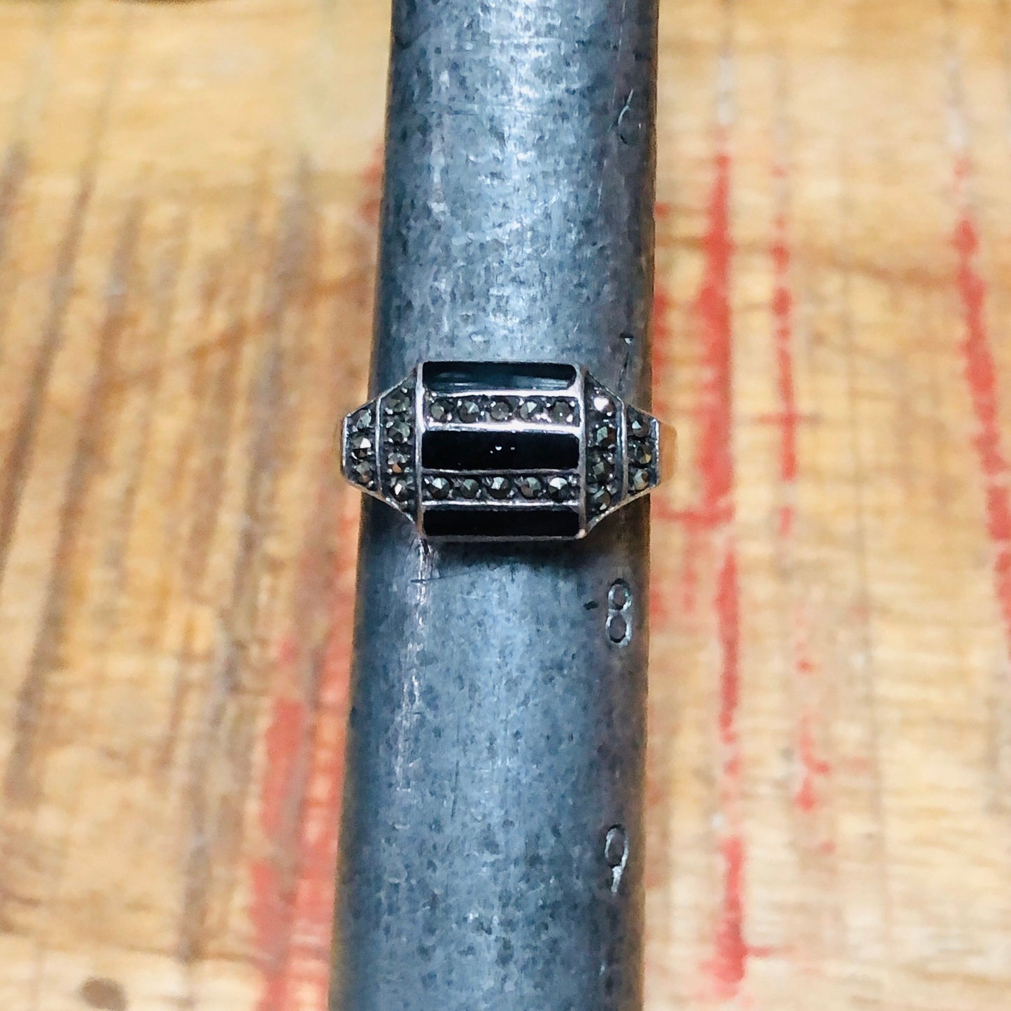 Art Deco Sterling Silver & Marcasite Triple Onyx Gemstone Geometric Ring
