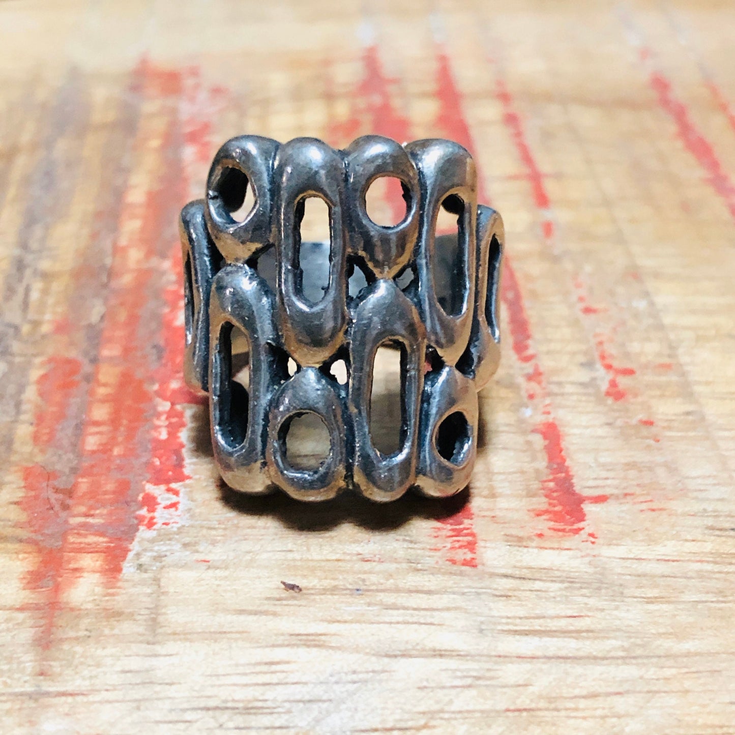 Unique Chunky Cast Sterling Silver Geometric Abstract Mid Century Ring