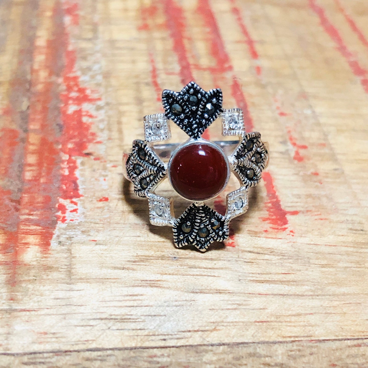 Sterling Silver Art Deco Ruby & Topaz Marcasite Ring