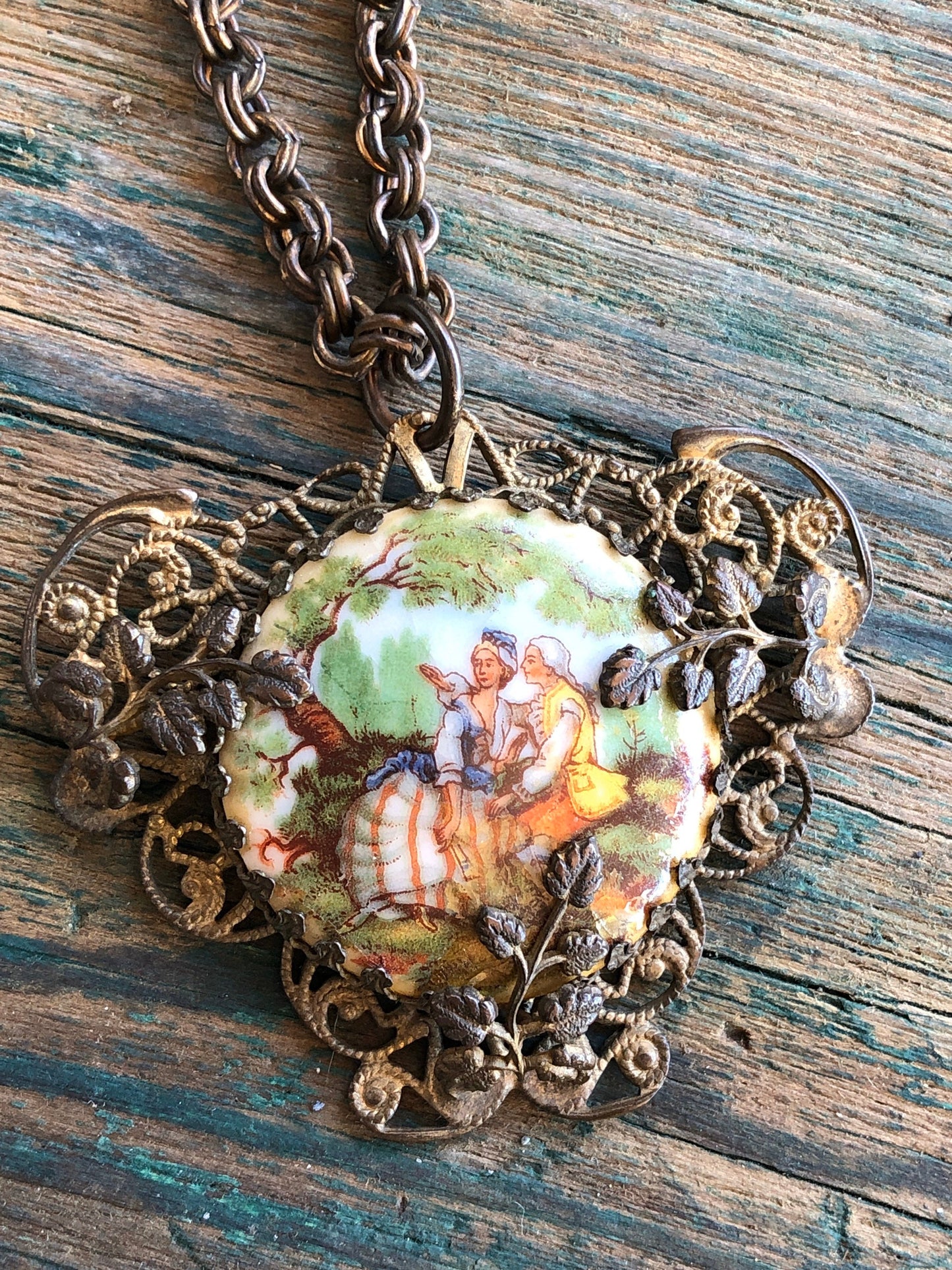 Victorian Courting Couple Limoge Signed Sam Biern NY Cameo Necklace